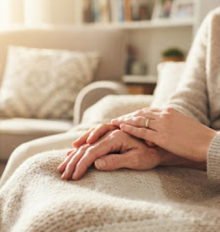 Hands resting together in a warm home